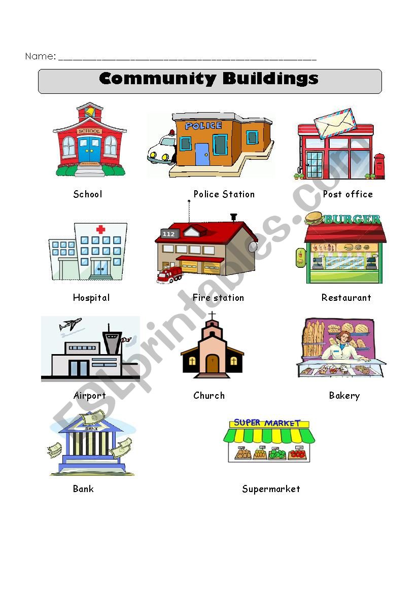 Community Buildings Vocabulary - ESL worksheet by Yirleyab