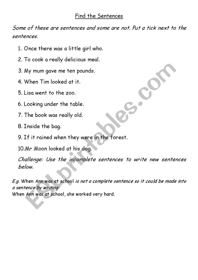 Find the complete sentences worksheet