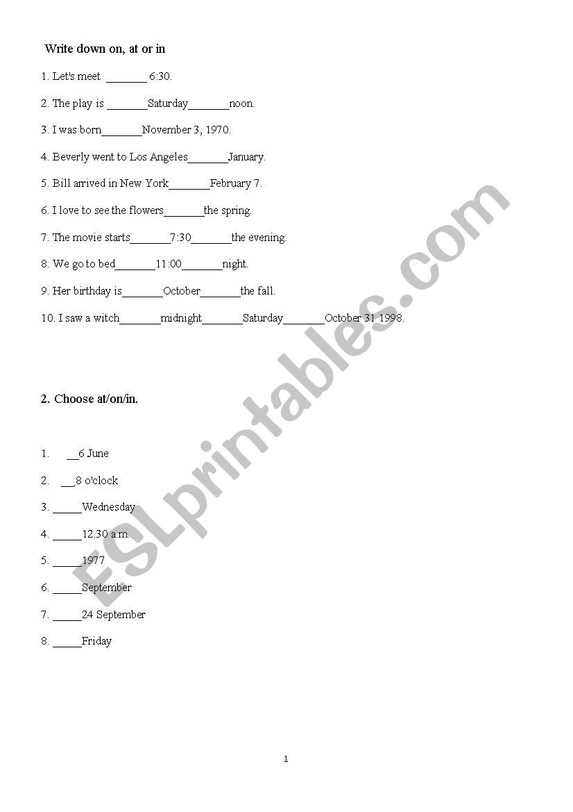 Exercises for prepositions of time