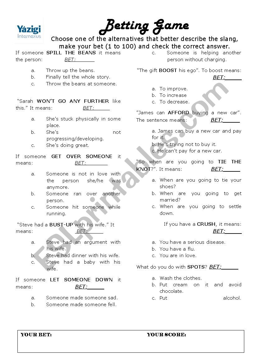 Betting Game (Expressions) worksheet