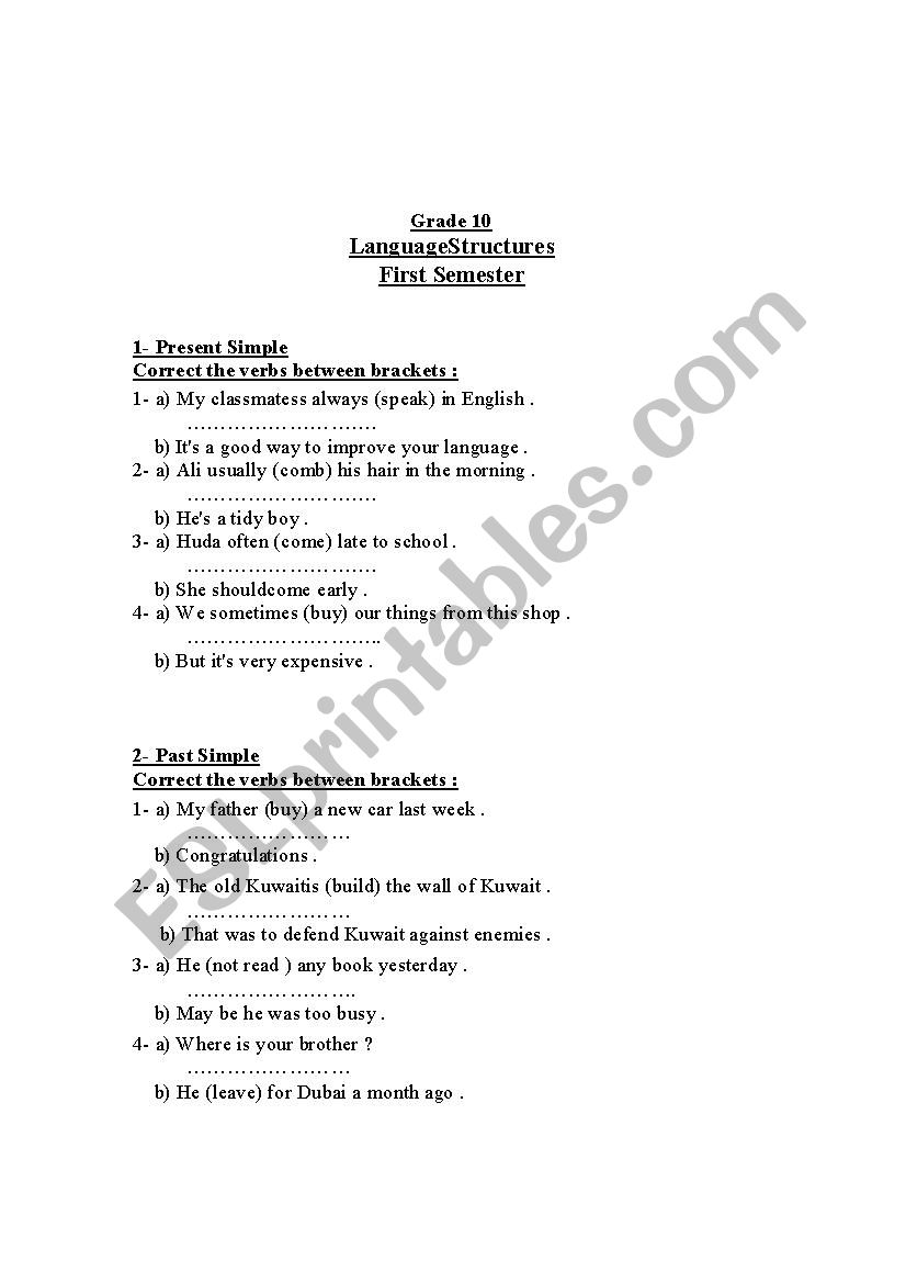 Grammar For Grade 10 ESL Worksheet By Lubnaeid