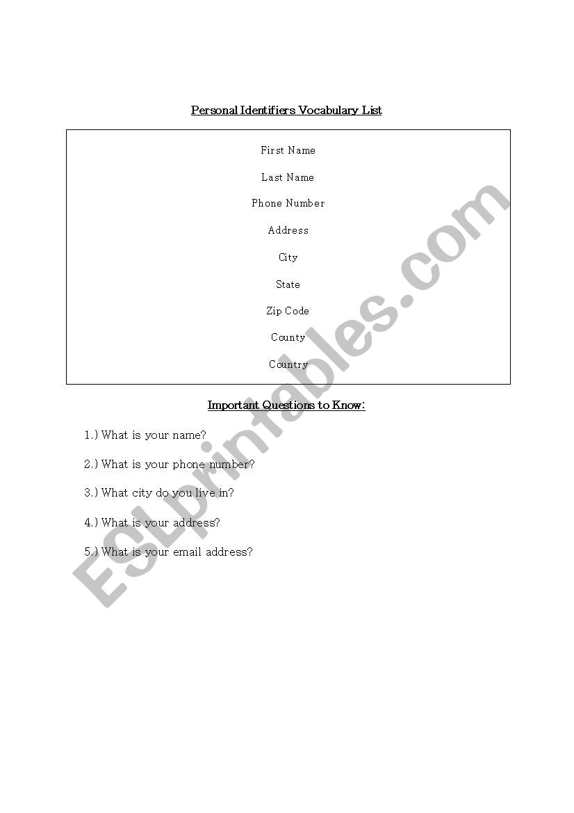 Personal Identifiers Vocabulary Worksheet