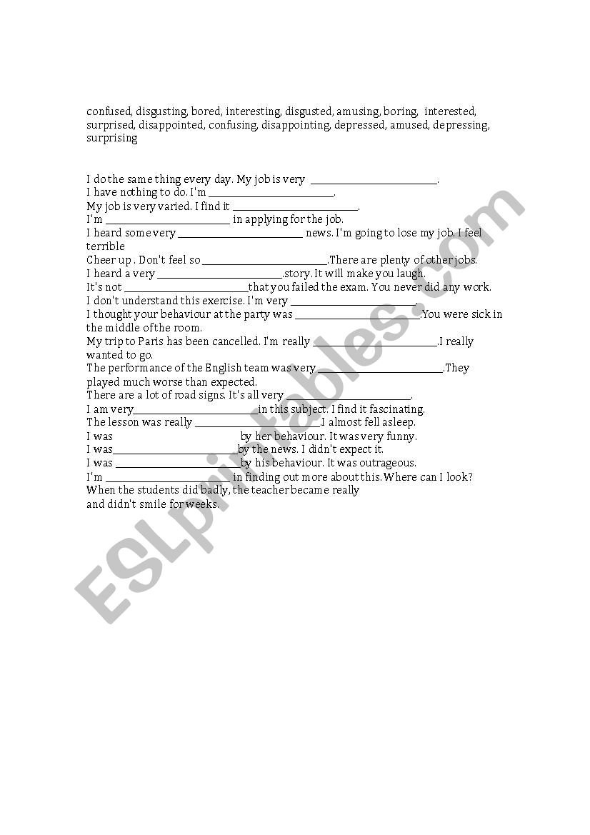 Worksheet to practice -ed and -ing adjectives