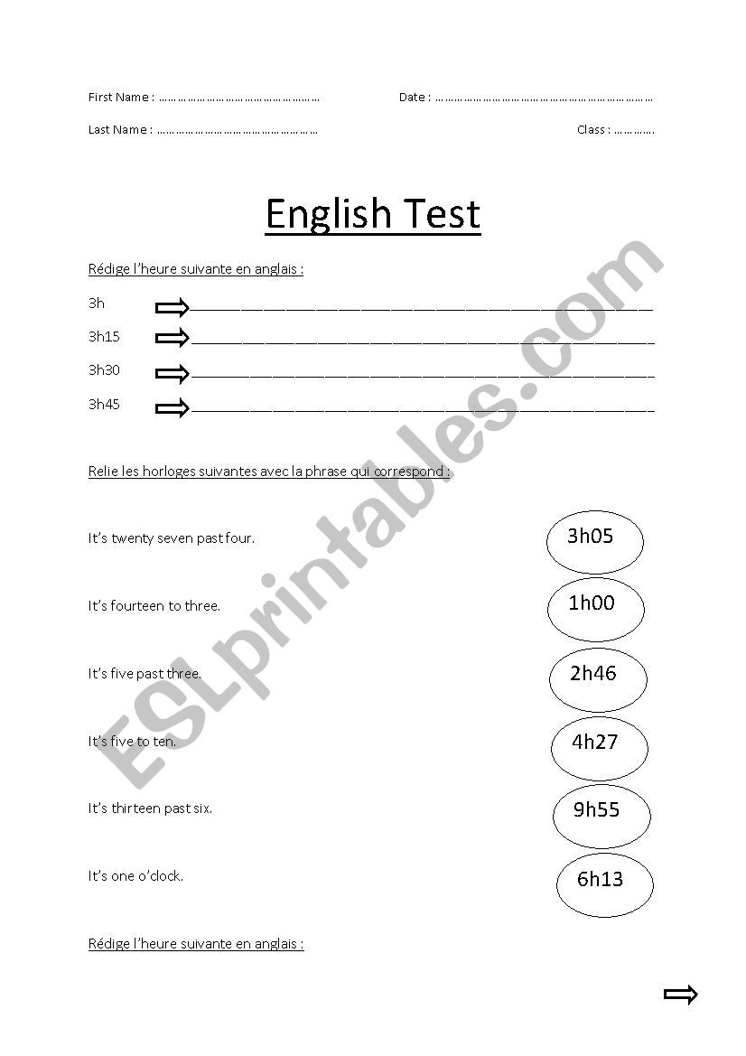 Test: what times is it? worksheet