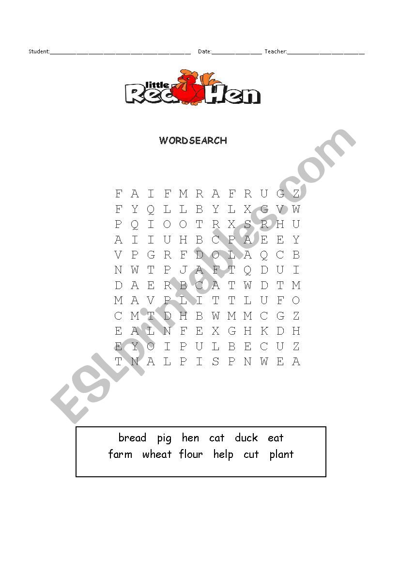 Story Little Red Hen Wordsearch ESL Worksheet By Aline Barros