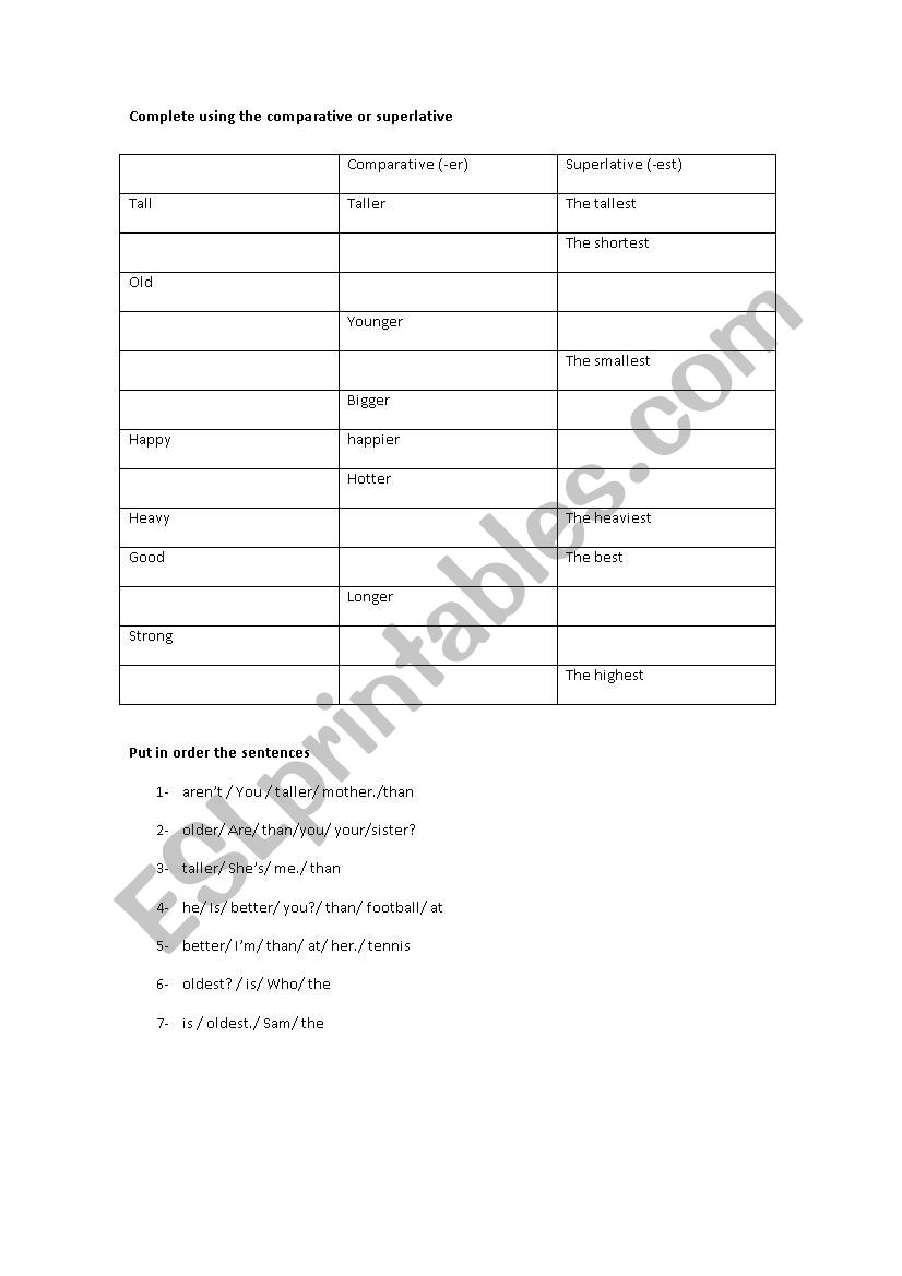 comparatives and superlatives worksheet