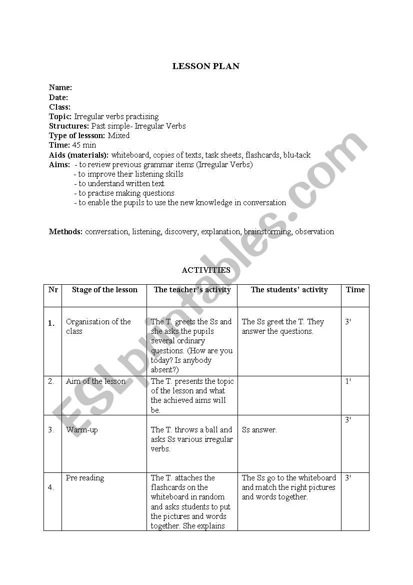 LESSON PLAN Irregular Verbs ESL Worksheet By Ivush