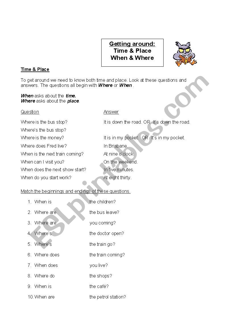 TME AND PLACE worksheet