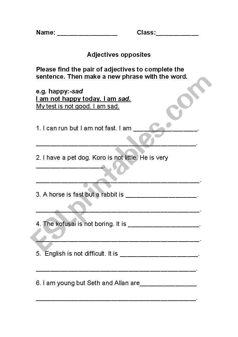 Adjectival opposites worksheet