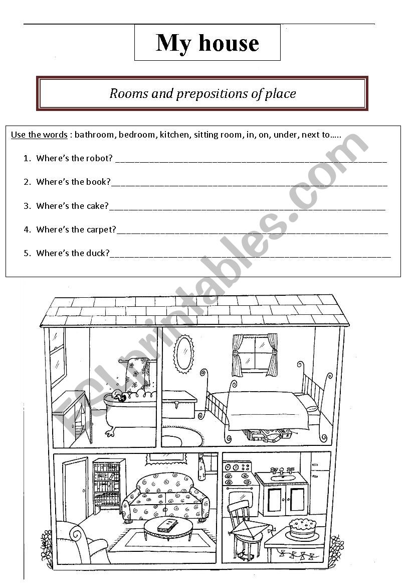 My house, rooms and prepositions of place - ESL worksheet by domamschler