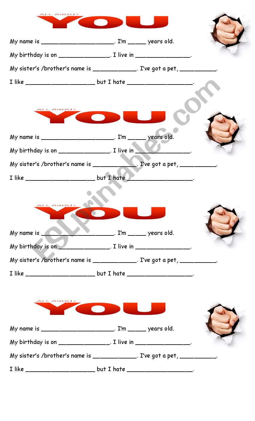 All about you worksheet