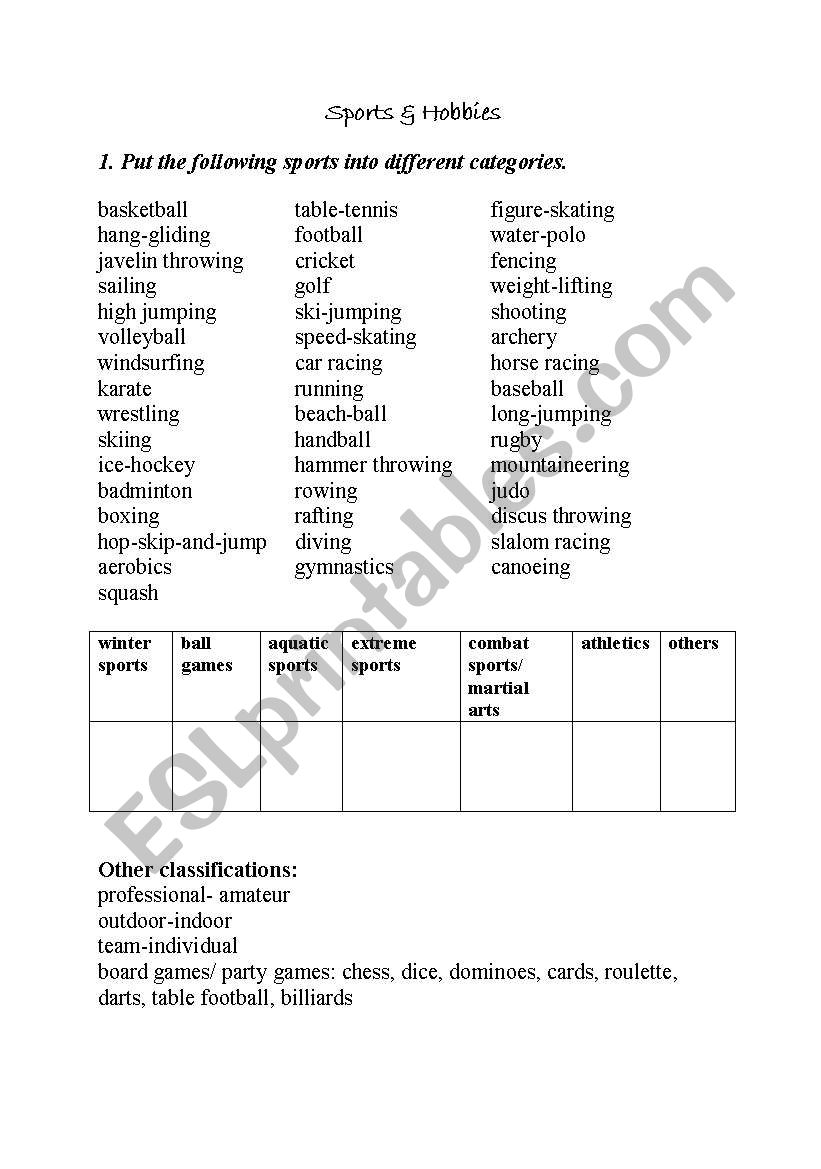 Sports worksheet