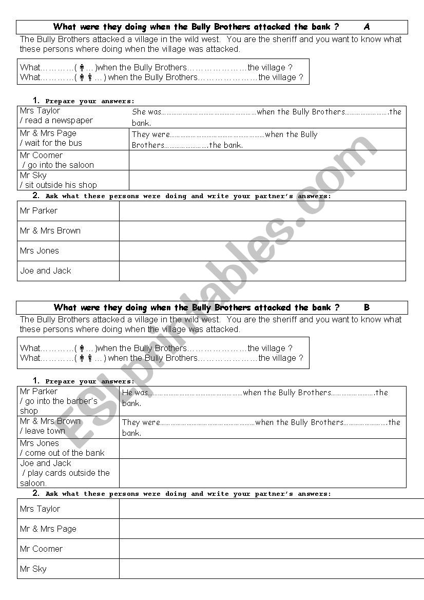 past tenses Pair work worksheet