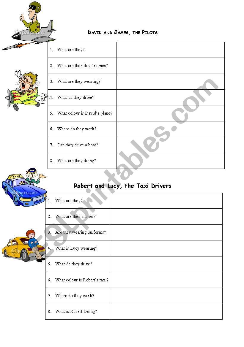 Jobs - Pilots and Drivers worksheet