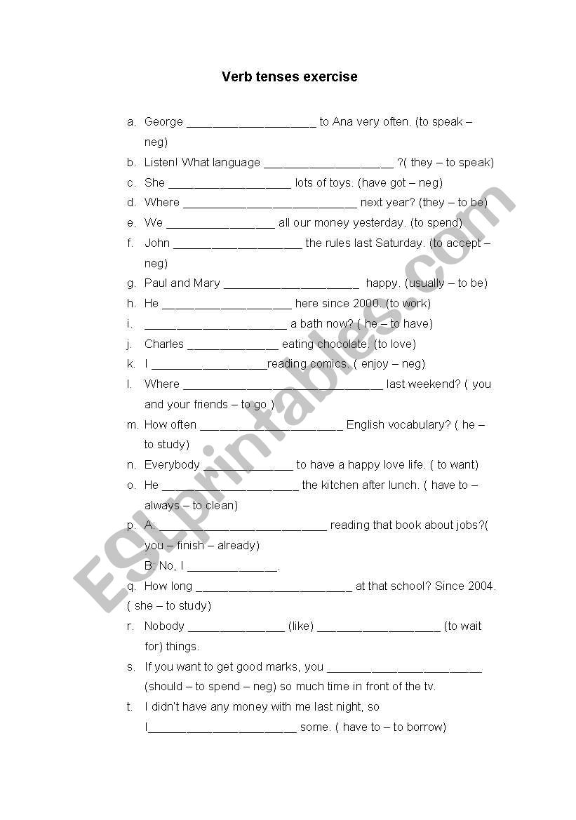 A verb tenses exercise worksheet