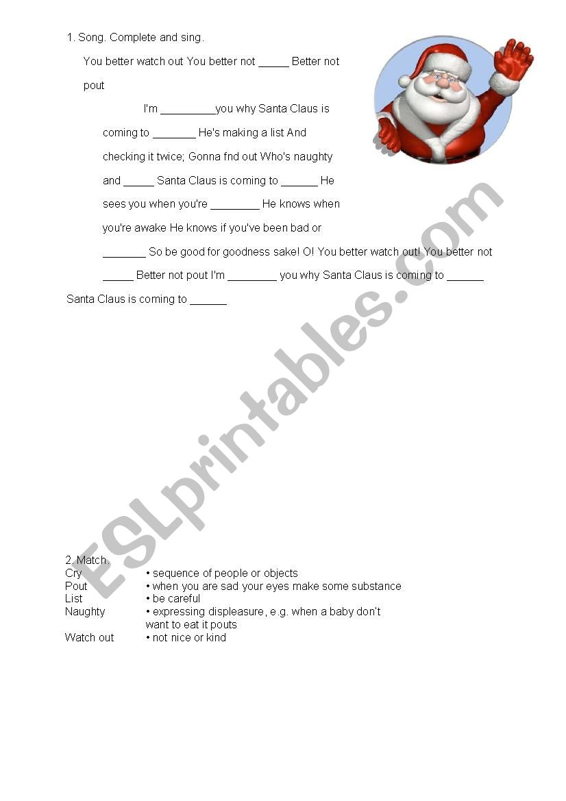 Santa Claus´ coming to town song - ESL worksheet by grodella