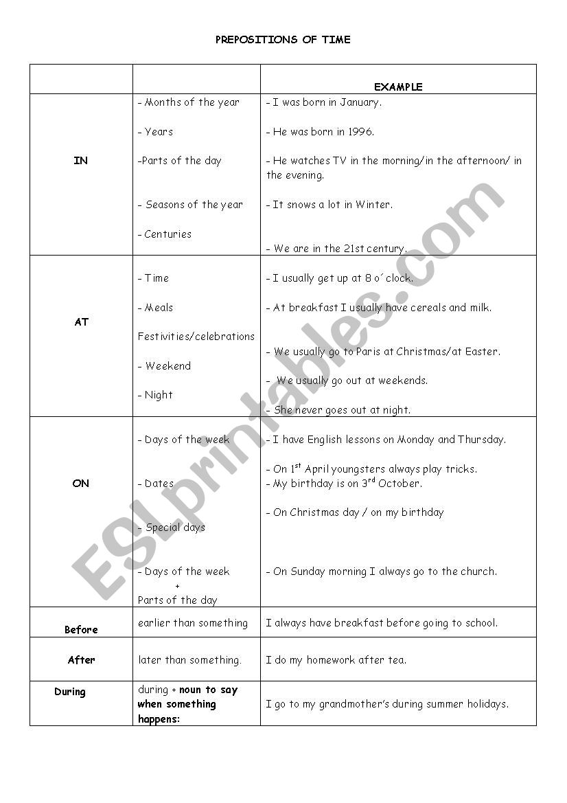 prepositons of time  worksheet