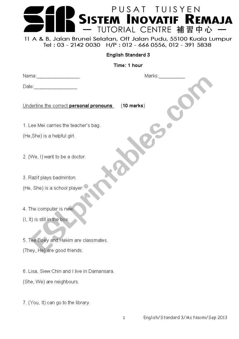 Grade 3 Test worksheet