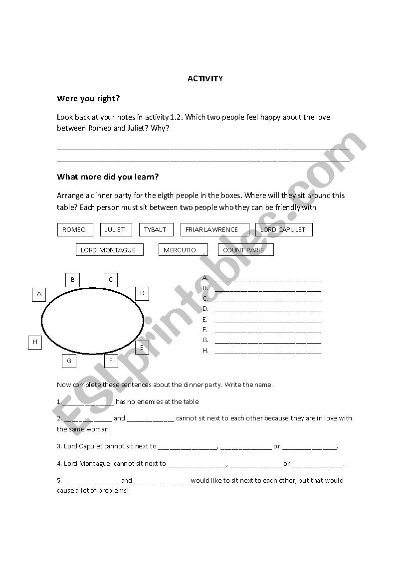 romeo and julieta worksheet