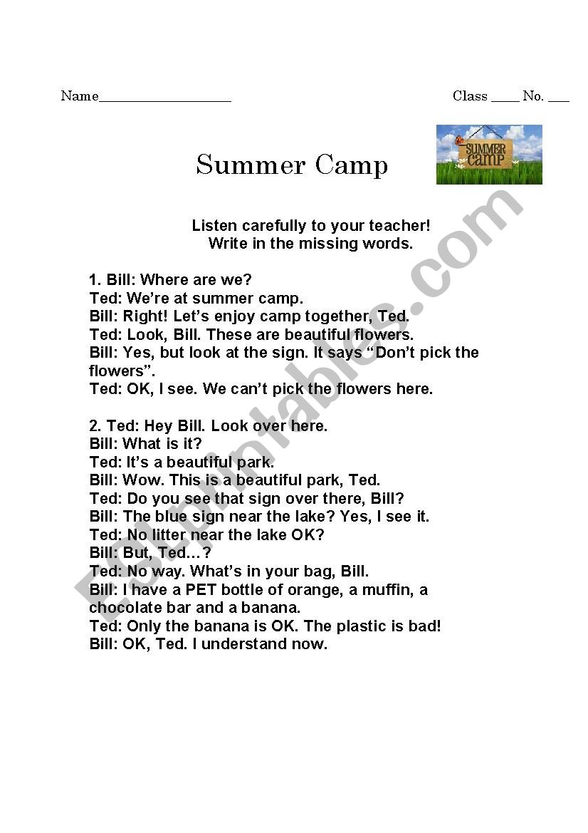 Summer Camp listening worksheet