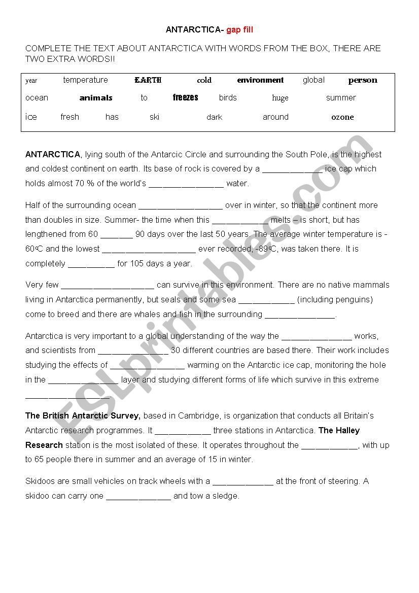 Antarctica GAP FILL worksheet