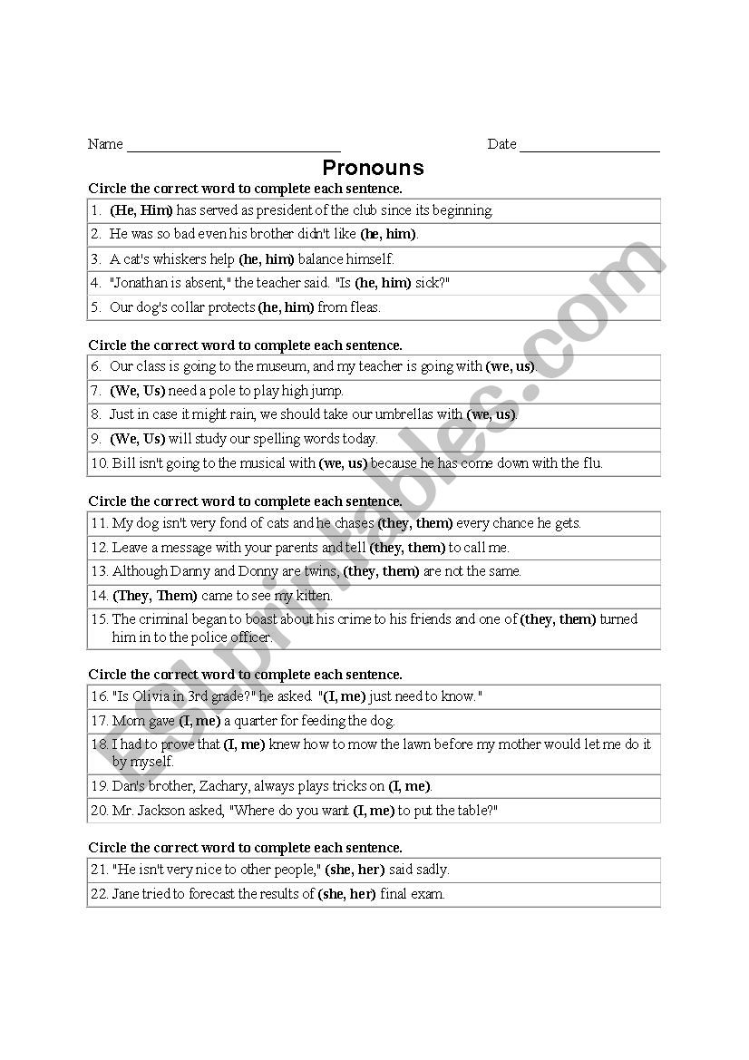 Pronouns worksheet