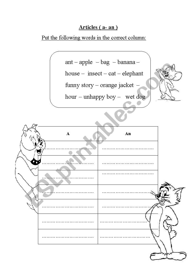 articles worksheet