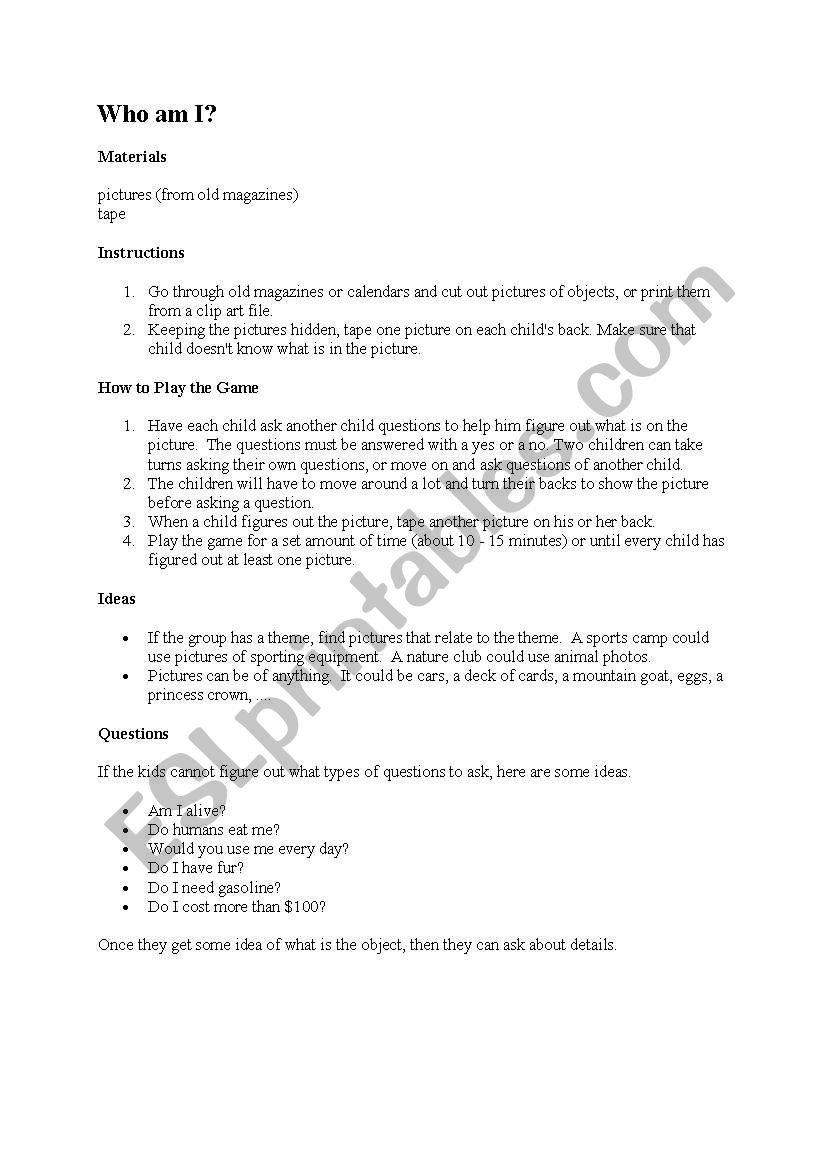 Who am I? worksheet