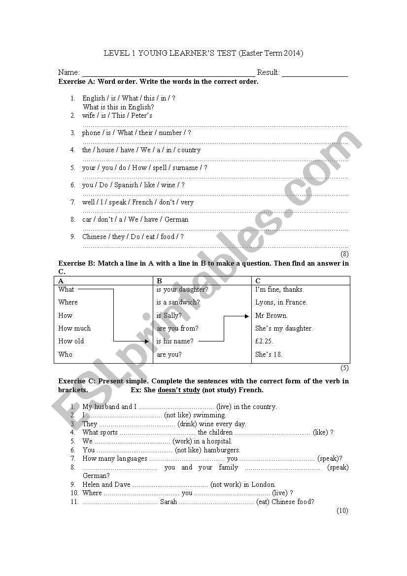 Level one test worksheet