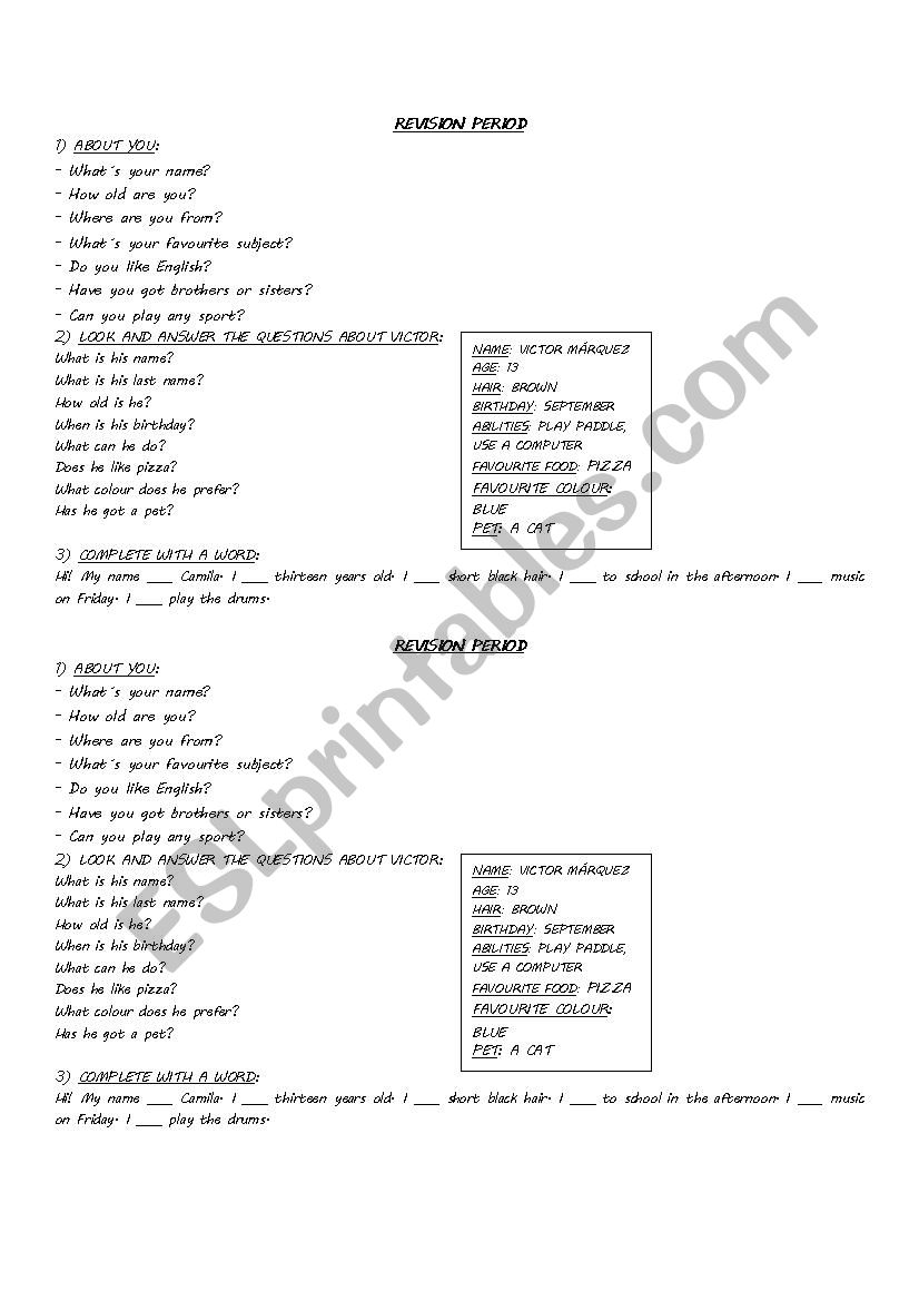 Diagnostic test worksheet