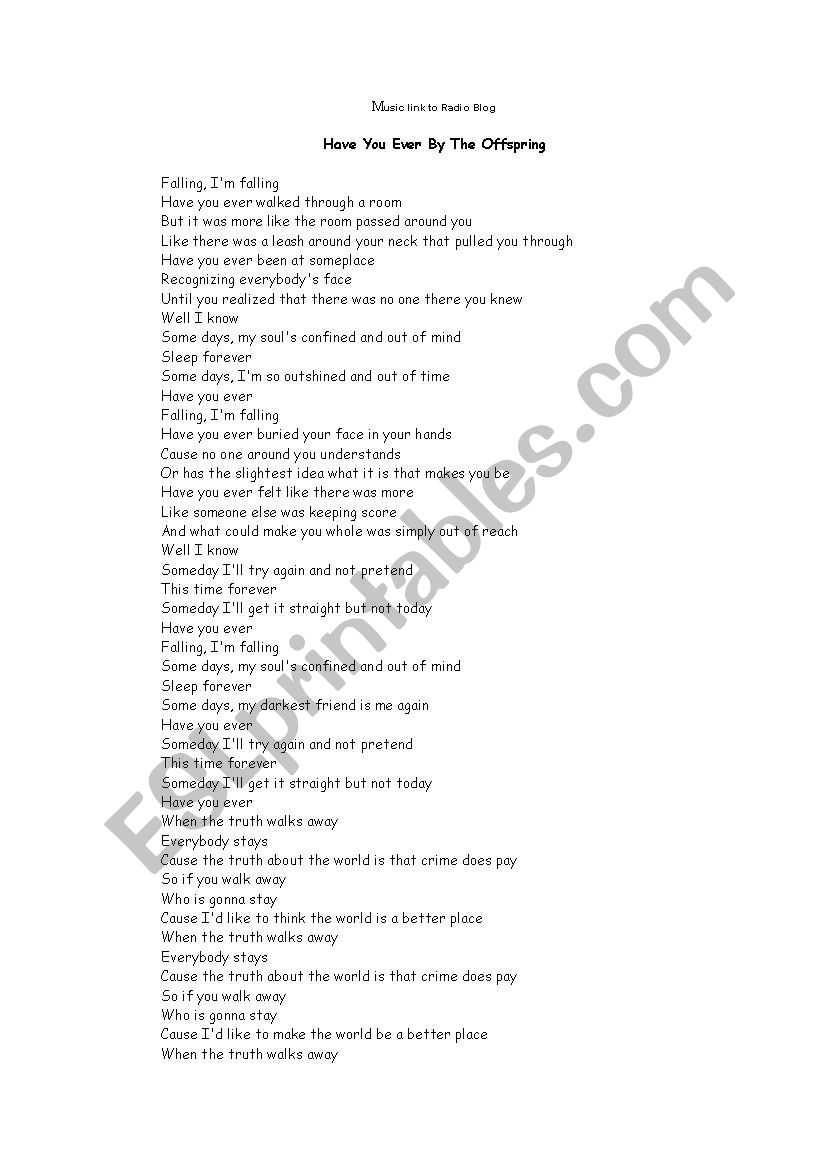 Have you ever by Offspring - ESL worksheet by zapata.cinthia