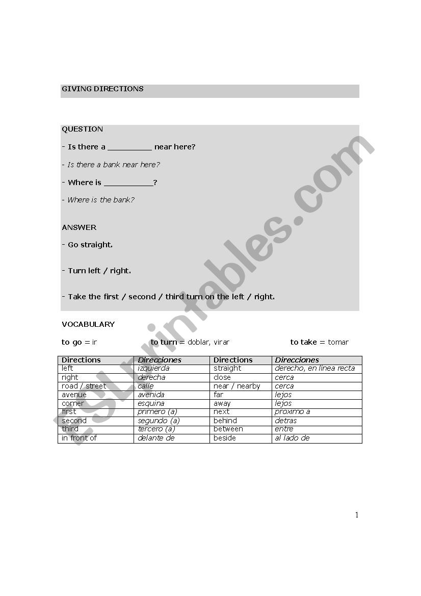 Giving Directions worksheet