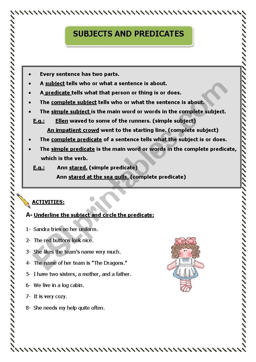 subject and predicates/ rules and activities