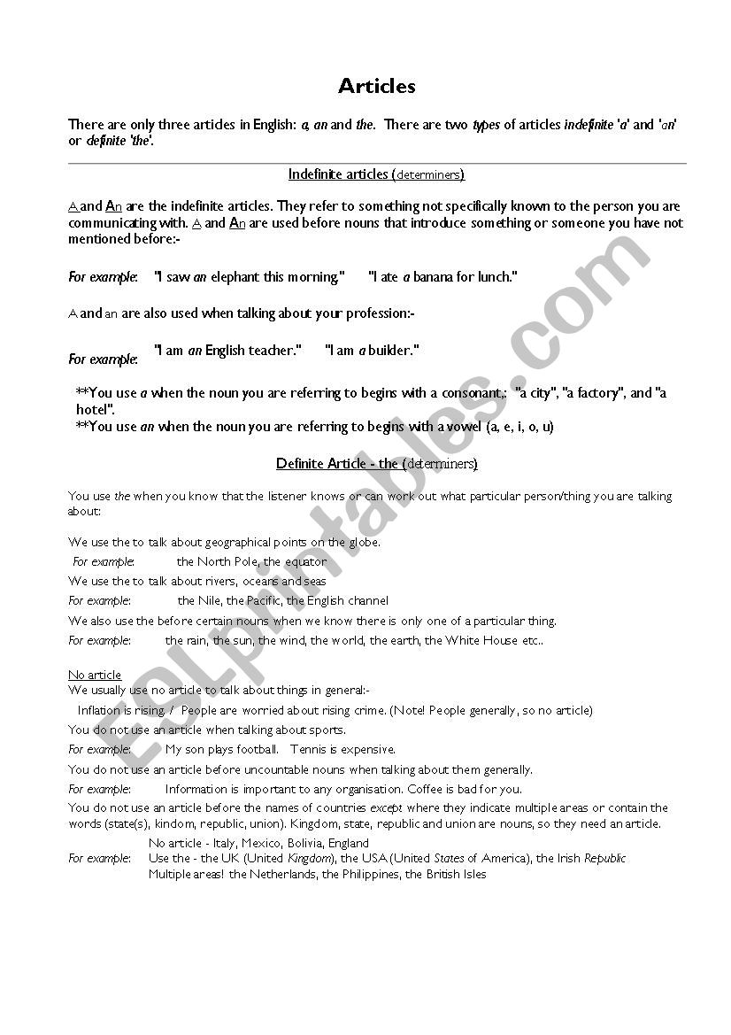 Articles  worksheet