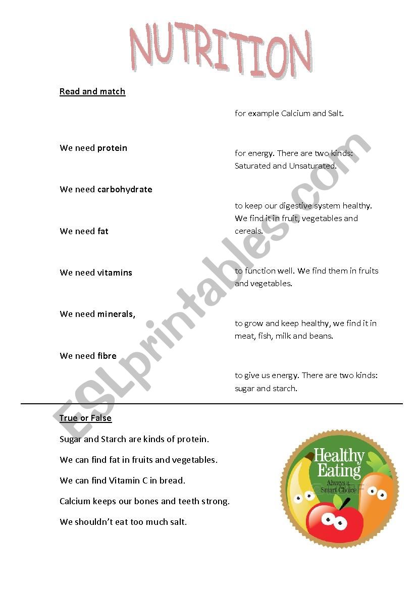 Nutrition - ESL worksheet by Miss Cristina