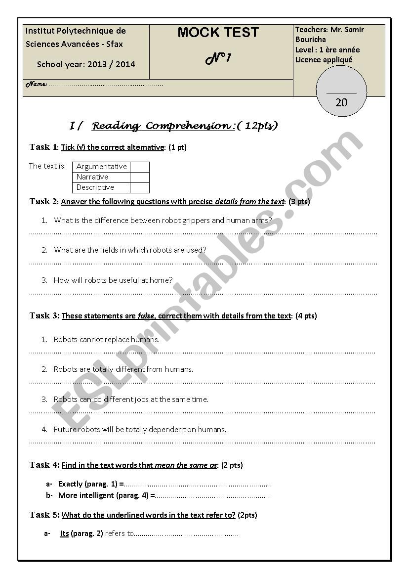 mock test worksheet