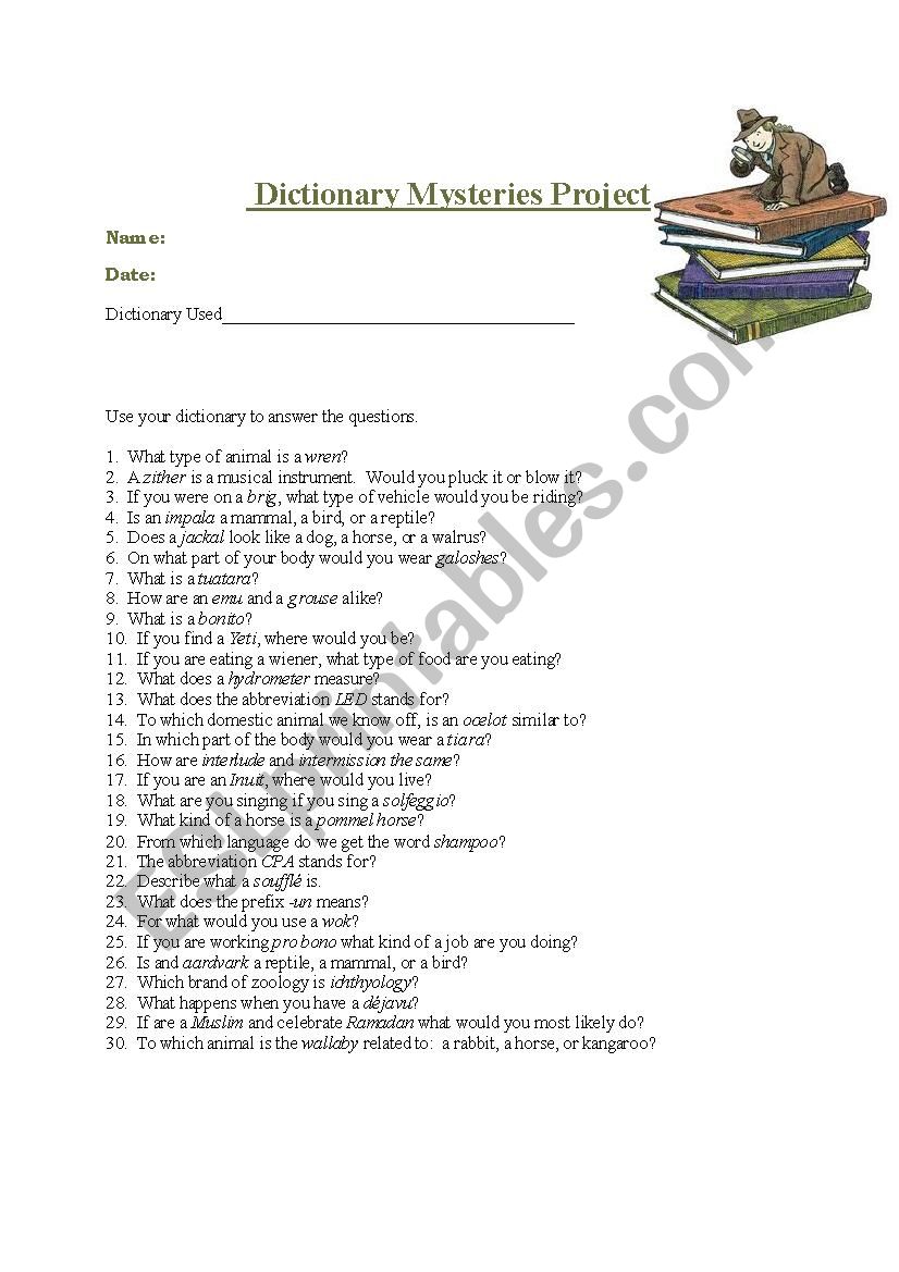 Dictionary Mysteries worksheet