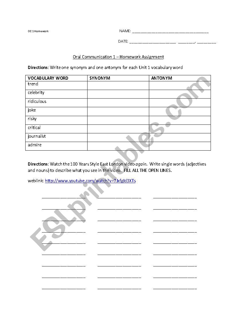 Fashion Trends Video Response worksheet