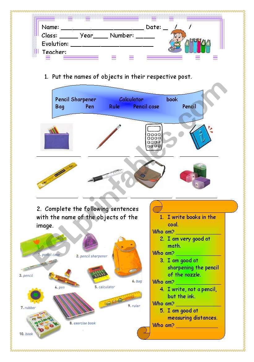 Objects of school worksheet