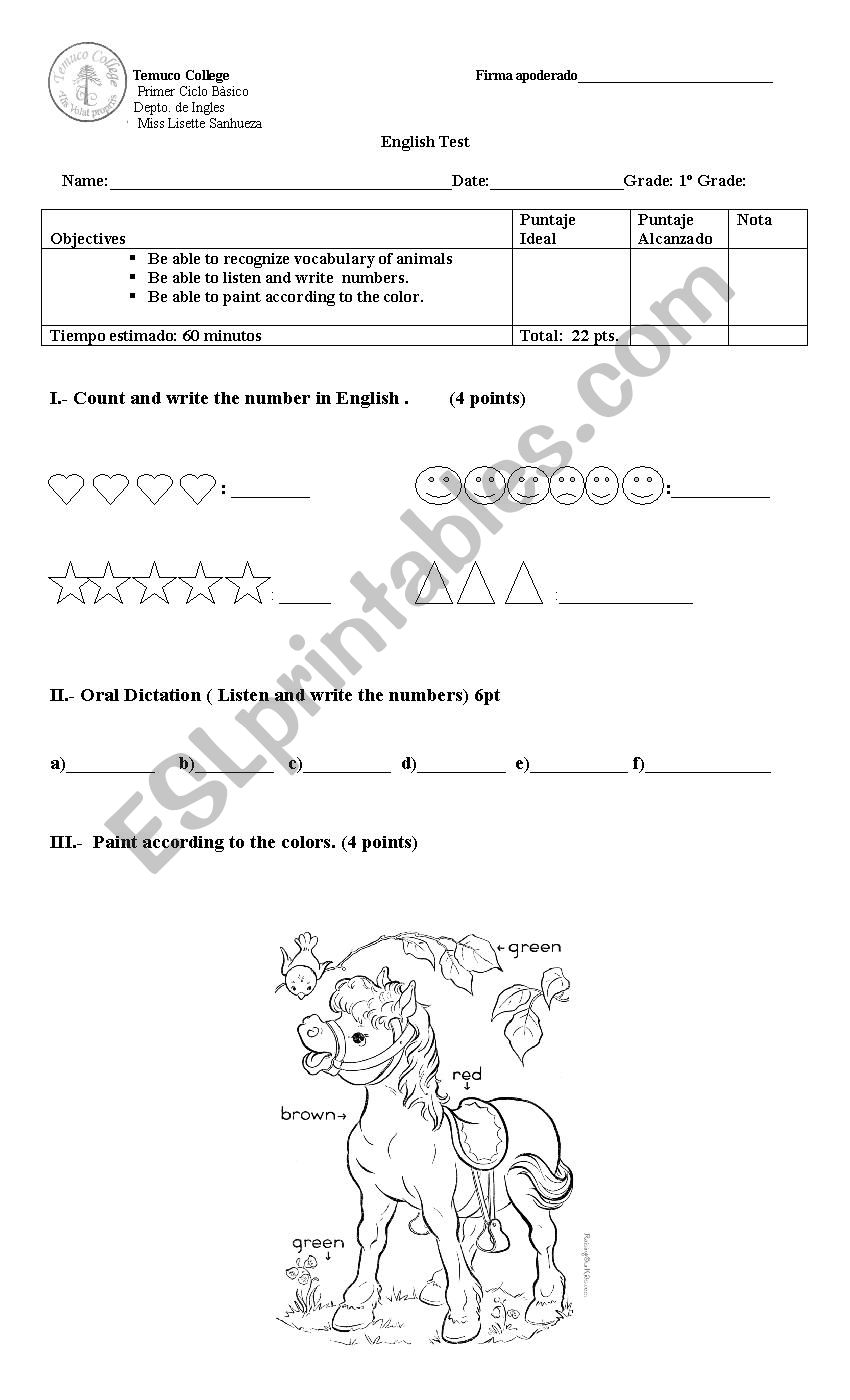 Test Colors, animals, numbers worksheet