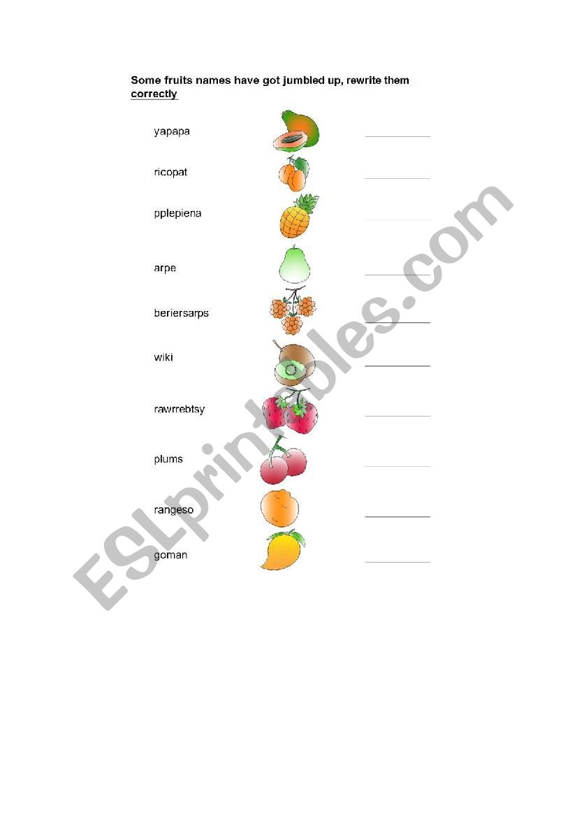 Fruits names worksheet