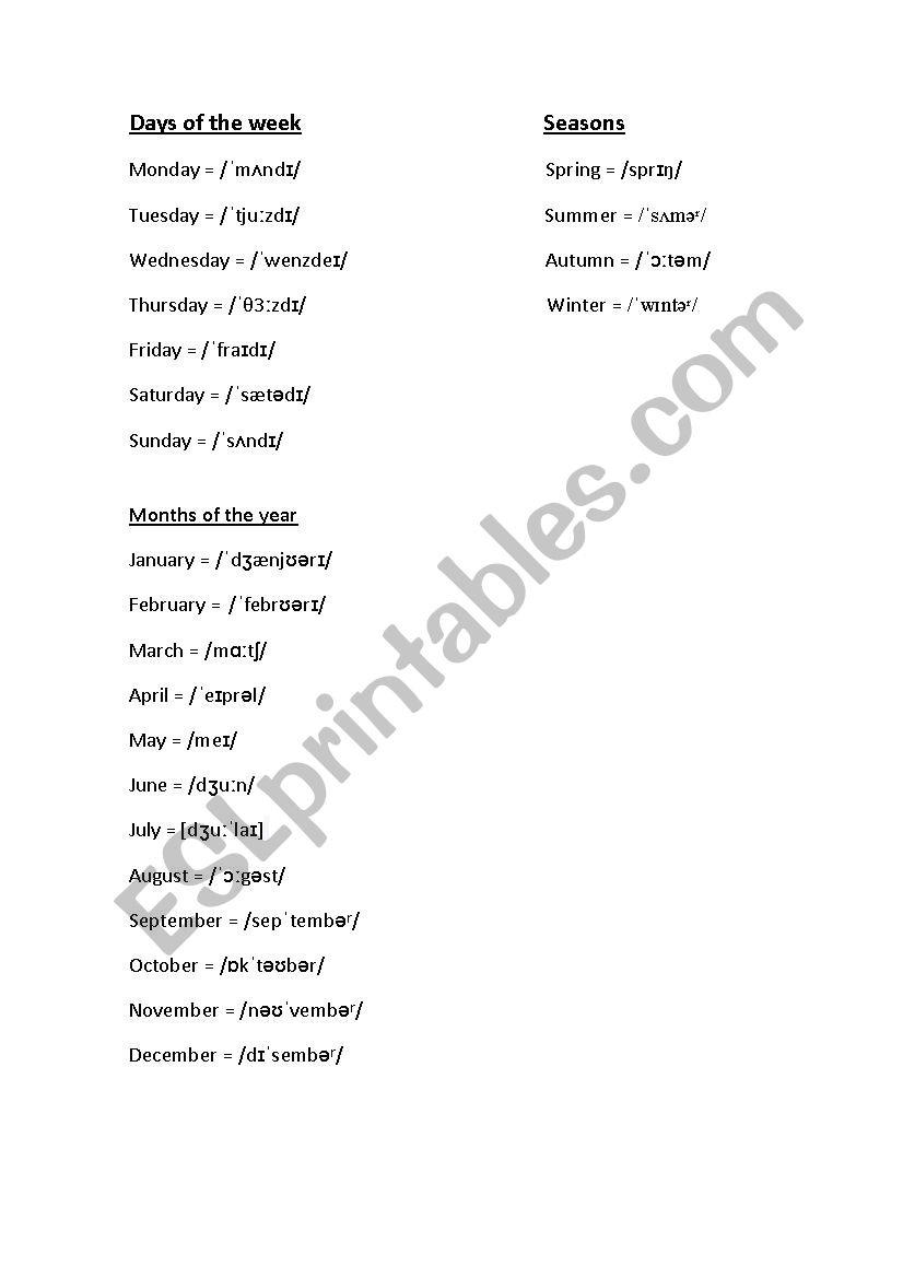 Days, months and seasons pronunciation