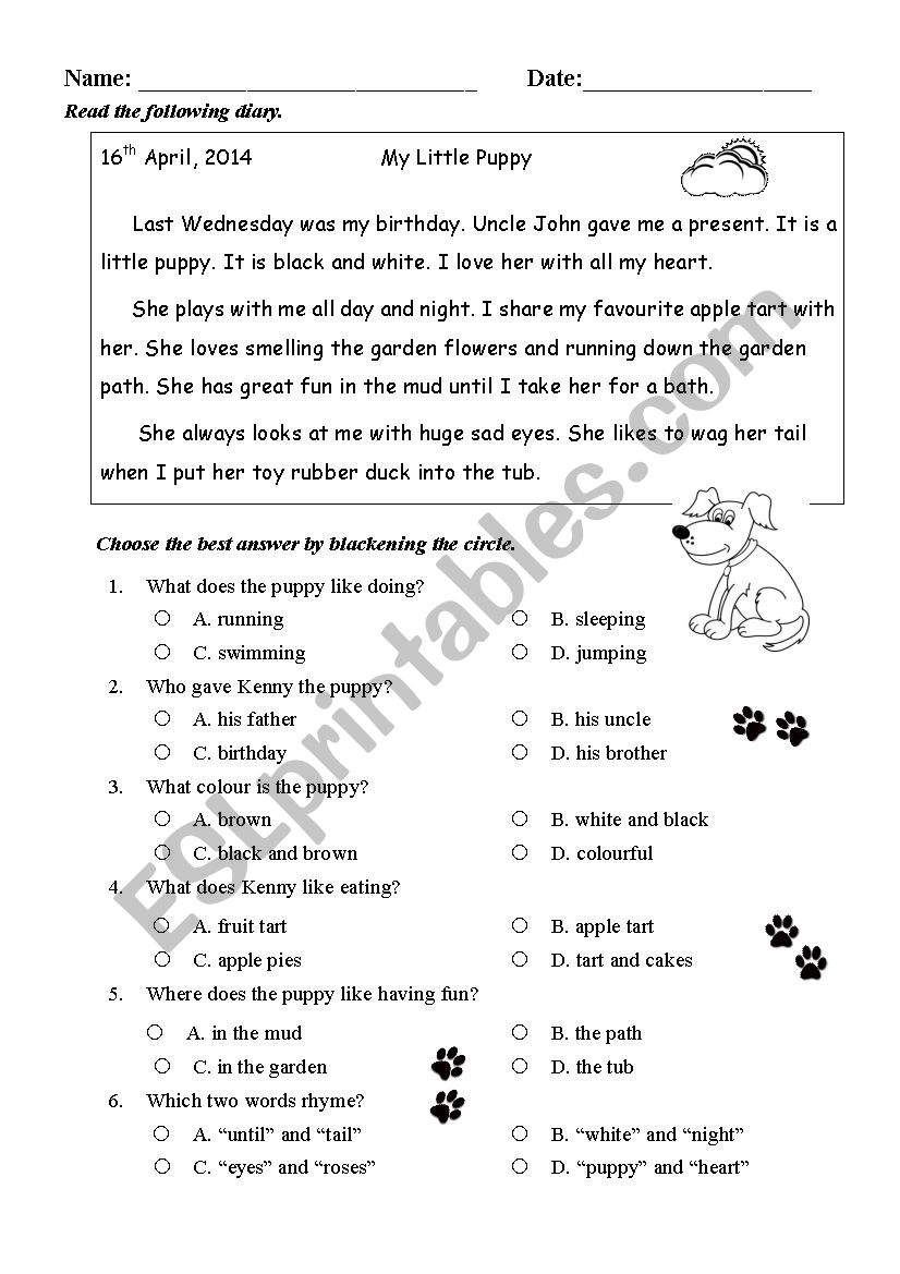 Reading Comprehension (My Puppy) - ESL worksheet by mandyman