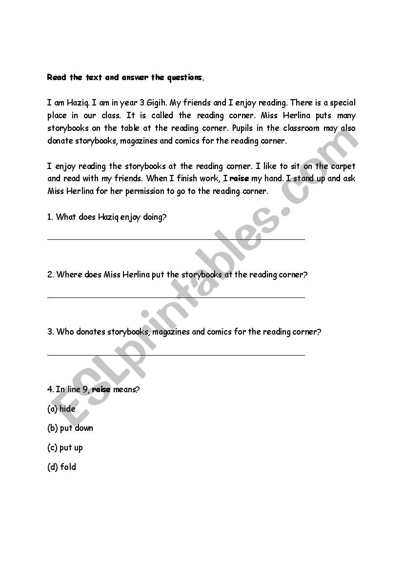 Haziqs Reading Corner worksheet