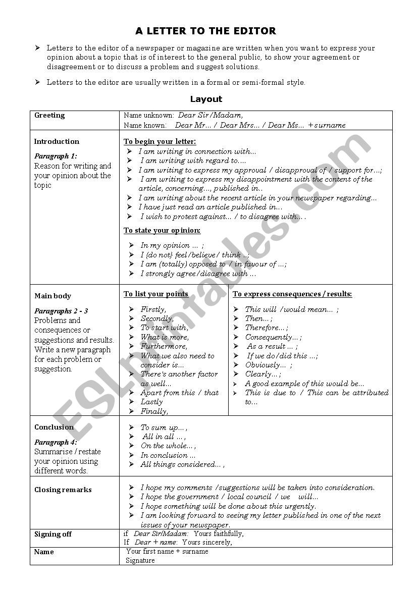 The Letter To The Editor ESL Worksheet By Joygrant