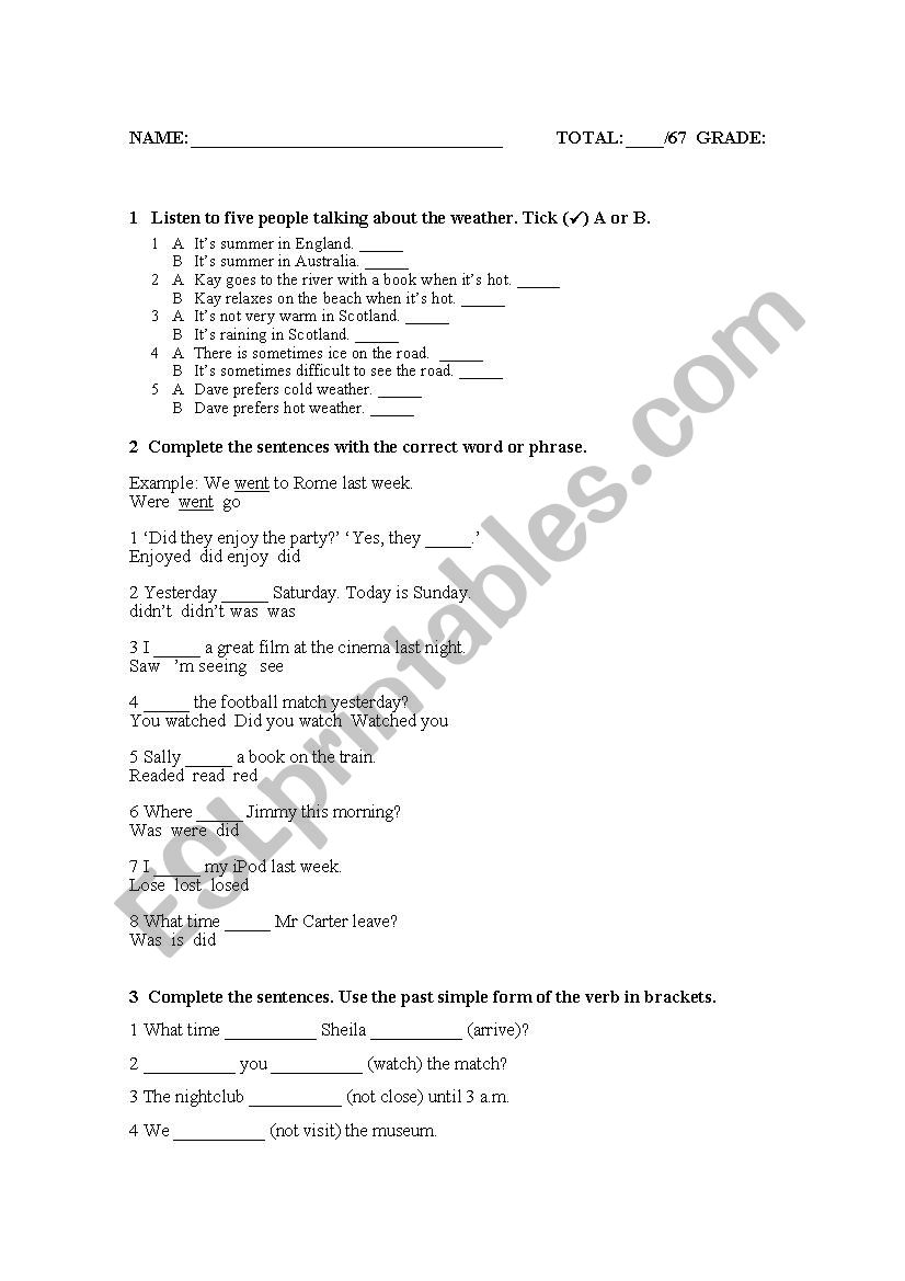Elementary Level Exam worksheet
