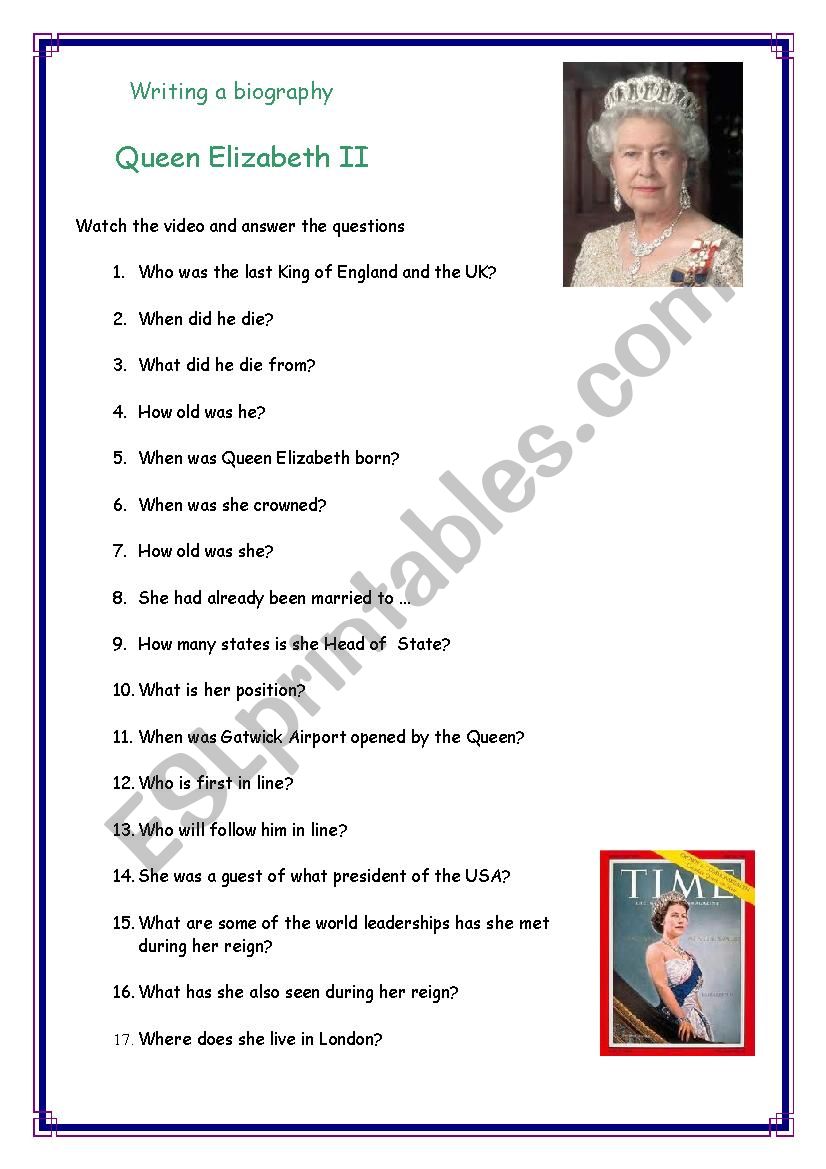 Queen Elizabeth II biography/Video session ESL worksheet by lotas