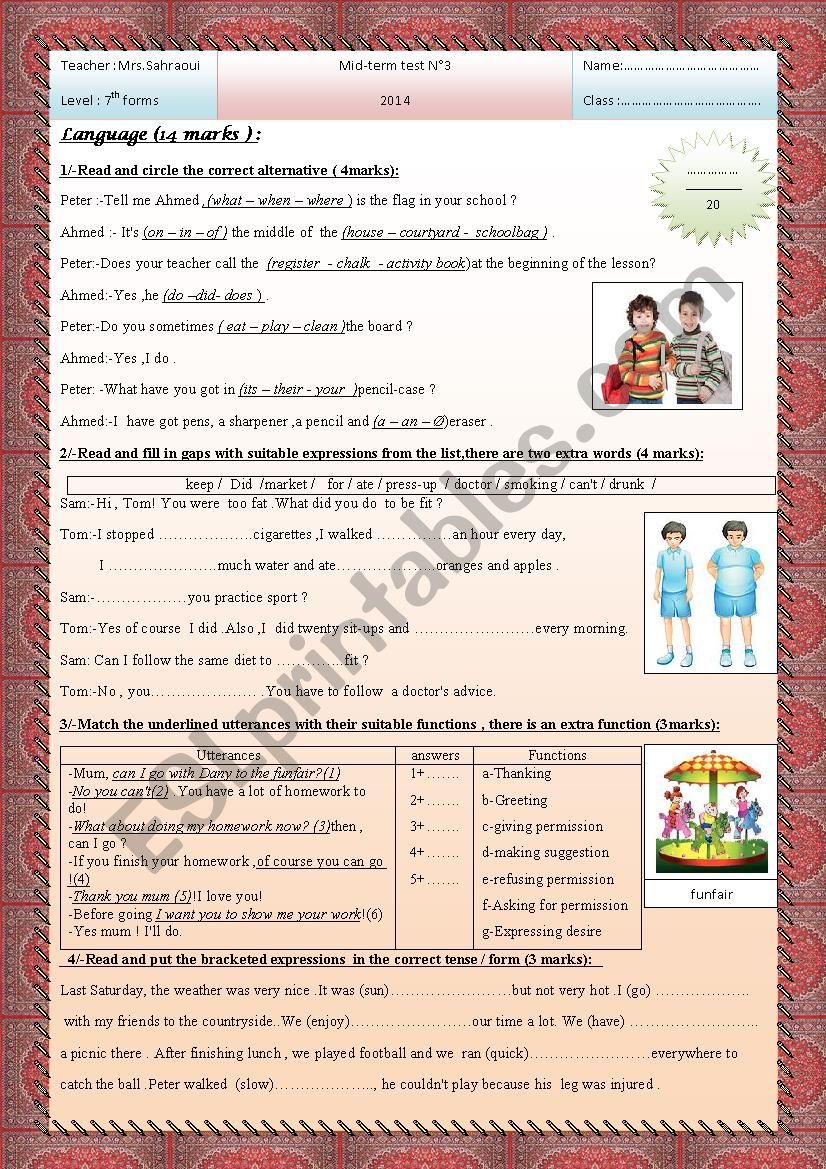 mid term test n°3 7th form - ESL worksheet by moemendhia