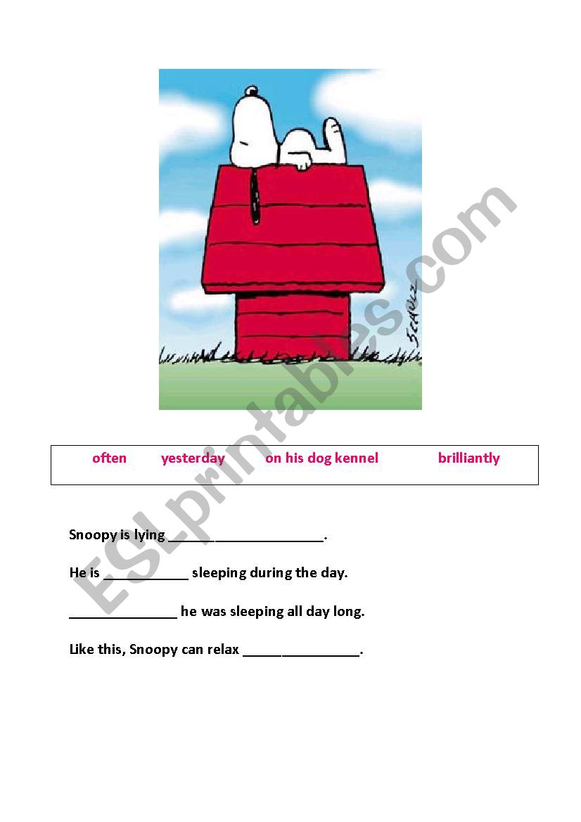 adverbs Snoopy worksheet