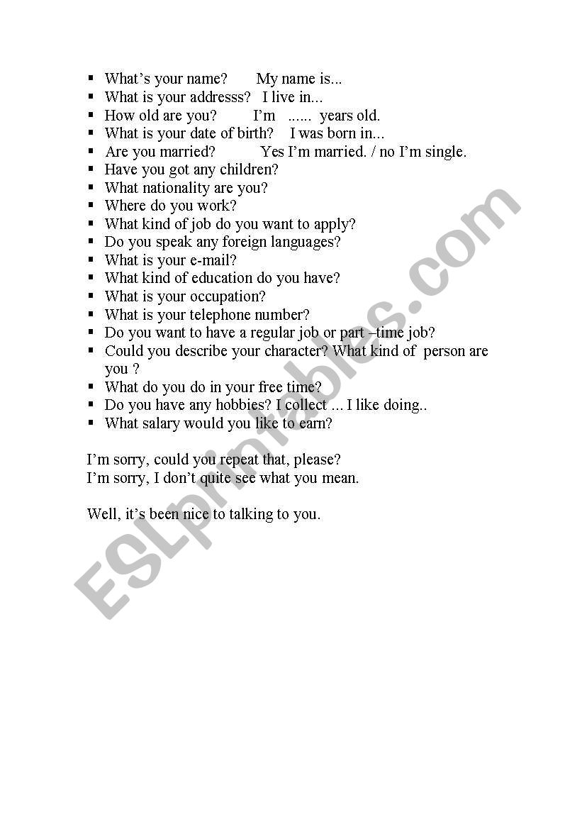 job worksheet